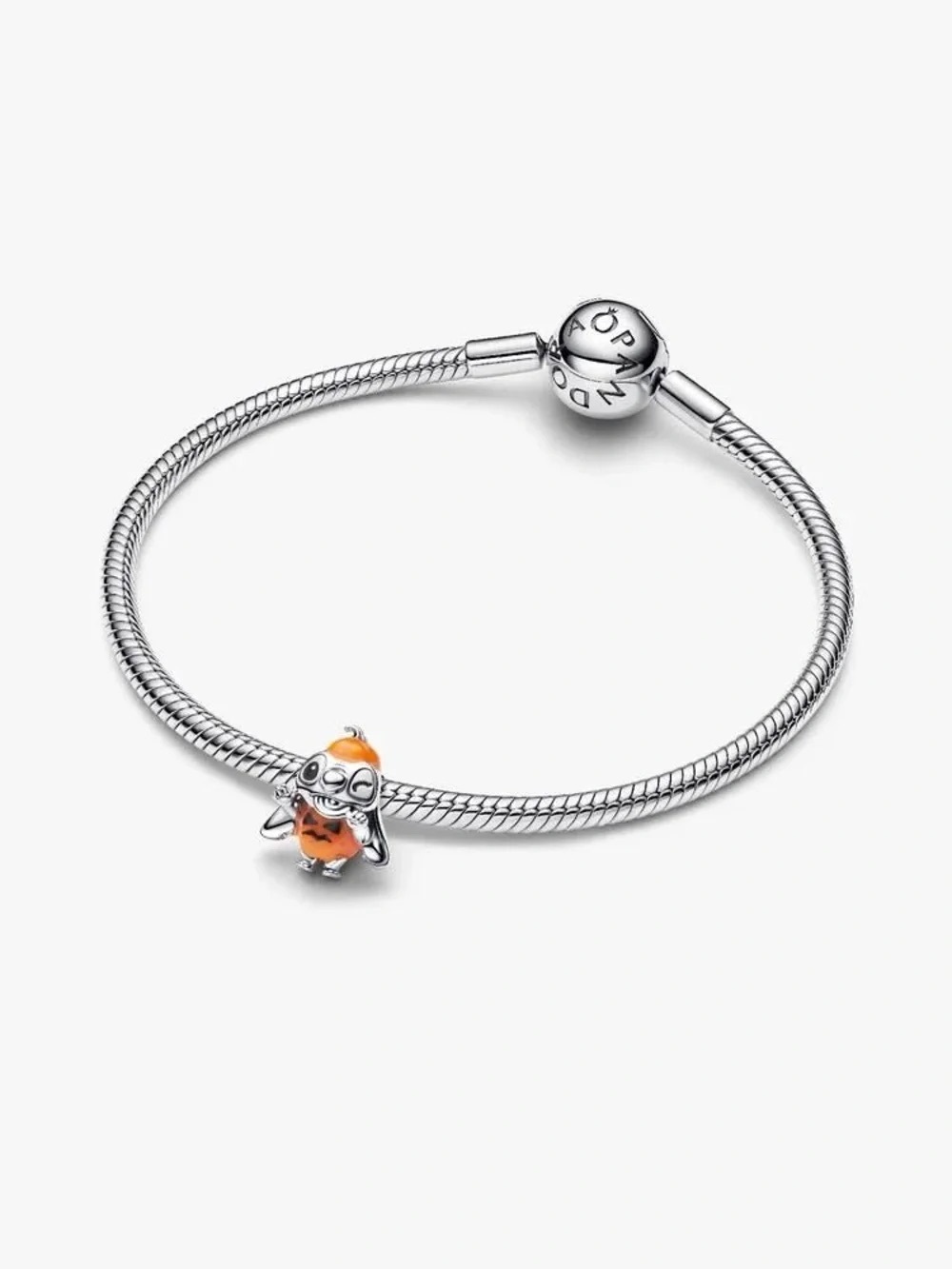 Pandora Silver Snake Chain Bracelet with Orange Enamel Chick Charm